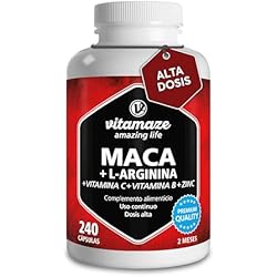 Vitamaze® Maca Andina 4000 mg + L Arginina + Vitamina C y Vitamina B + Zinc (240 Cápsulas) Maca Peruana Altamente Concentrada, sin Aditivos Innecesarios, Calidad Alemana.